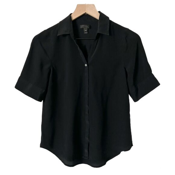 J.Crew Short Sleeve 100% Silk Button Down Blouse in Black Size PXS - Picture 1 of 4